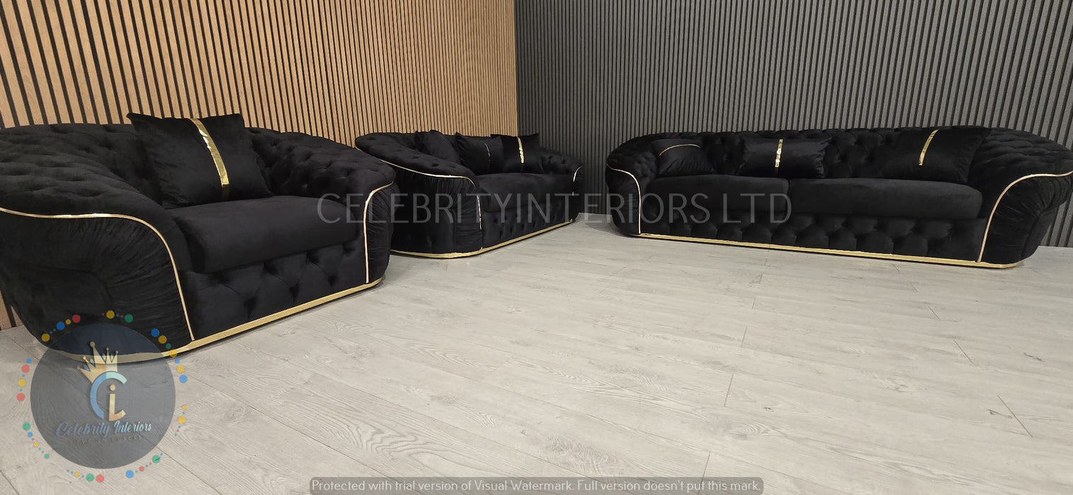 Ambassador 3+2+1 Seater In Black & Gold Plush Velvet