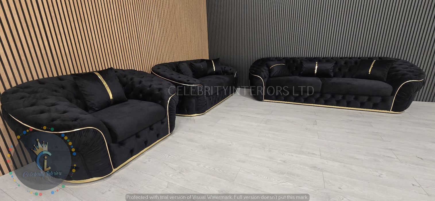 Ambassador 3+2+1 Seater In Black & Gold Plush Velvet