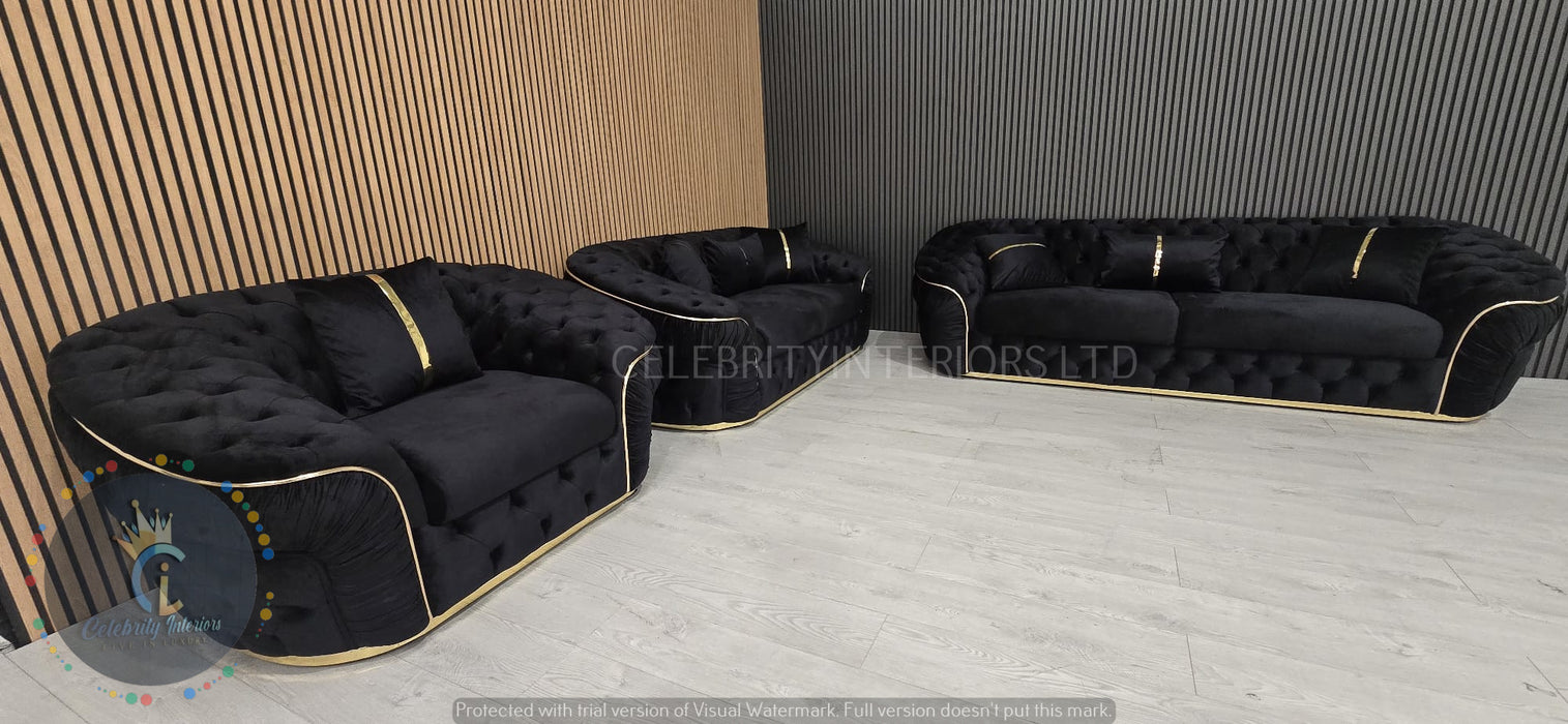 Ambassador 3+2+1 Seater In Black & Gold Plush Velvet