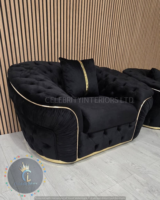Ambassador 3+2+1 Seater In Black & Gold Plush Velvet