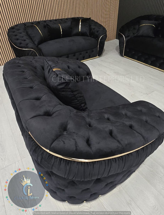 Ambassador 3+2+1 Seater In Black & Gold Plush Velvet
