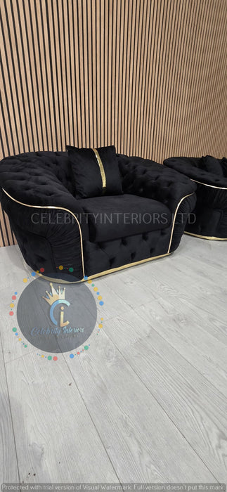 Ambassador 3+2+1 Seater In Black & Gold Plush Velvet