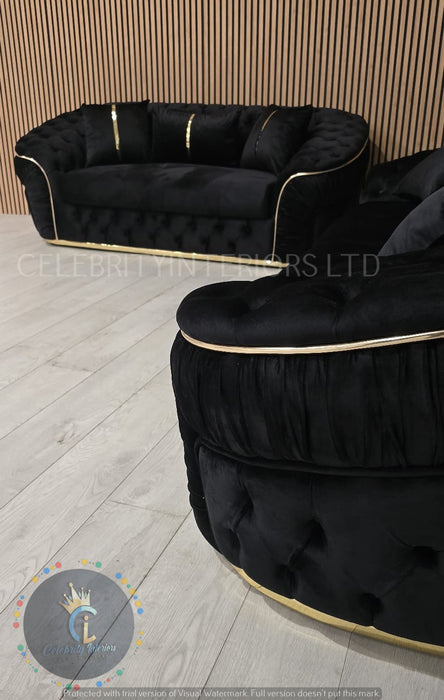 Ambassador 3+2+1 Seater In Black & Gold Plush Velvet