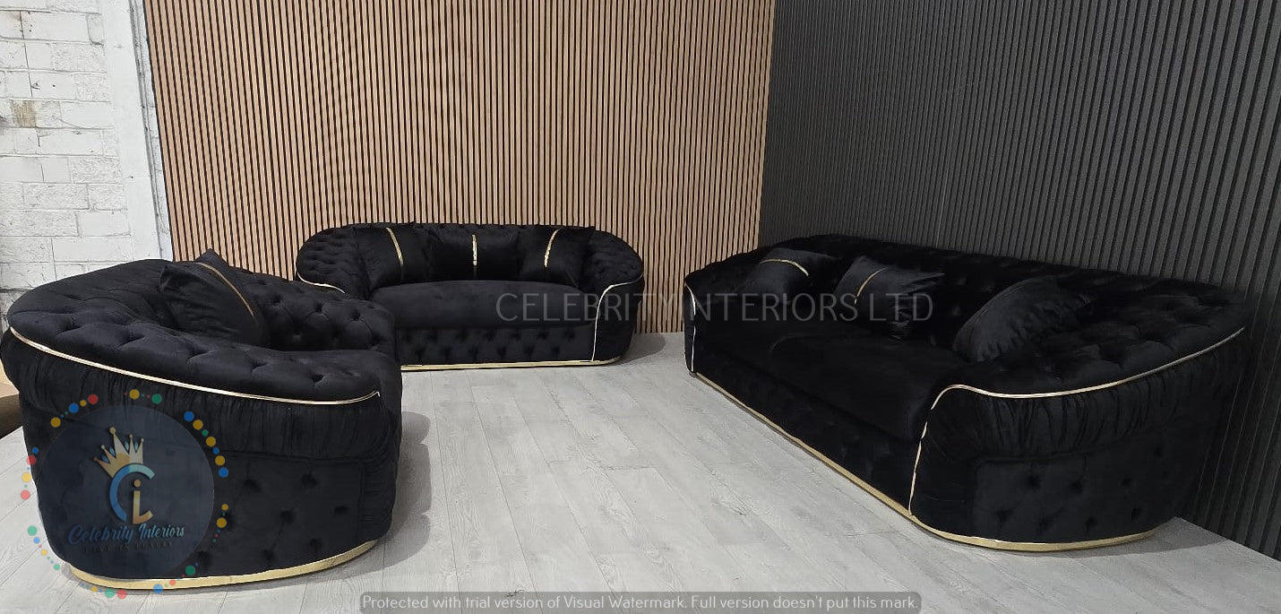 Ambassador 3+2+1 Seater In Black & Gold Plush Velvet