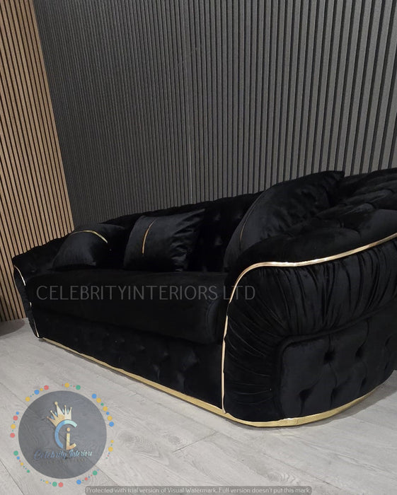 Ambassador 3+2+1 Seater In Black & Gold Plush Velvet