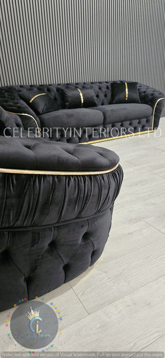Ambassador 3+2+1 Seater In Black & Gold Plush Velvet