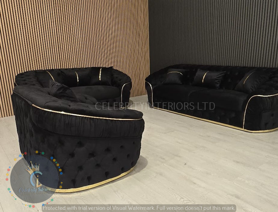 Ambassador 3+2+1 Seater In Black & Gold Plush Velvet