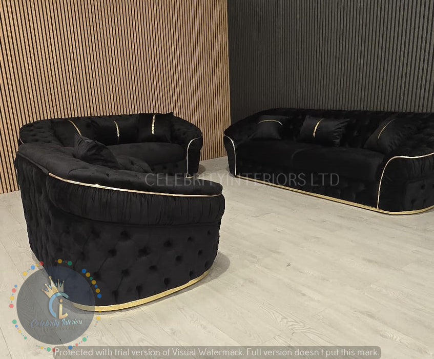 Ambassador 3+2+1 Seater In Black & Gold Plush Velvet