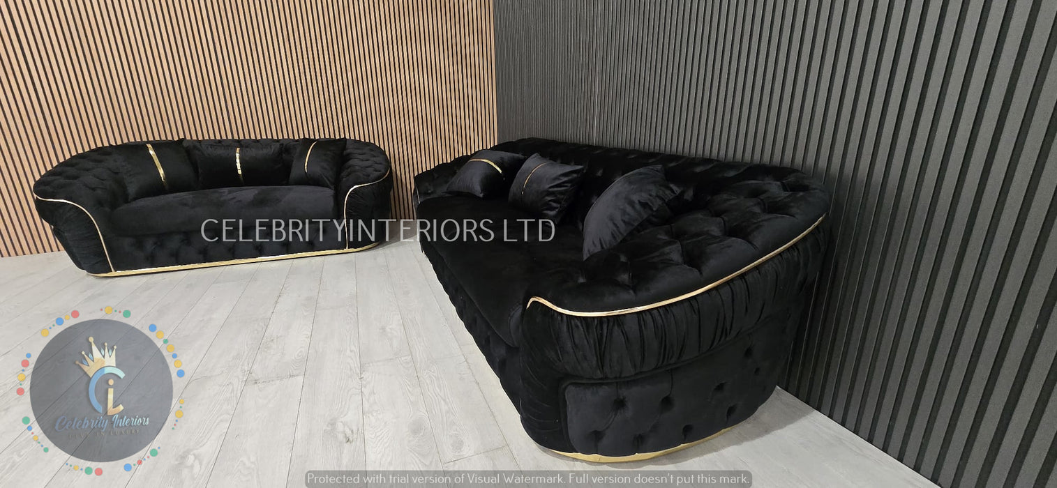 Ambassador 3+2+1 Seater In Black & Gold Plush Velvet