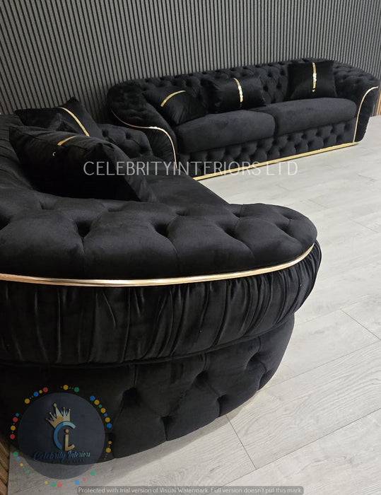 Ambassador 3+2+1 Seater In Black & Gold Plush Velvet