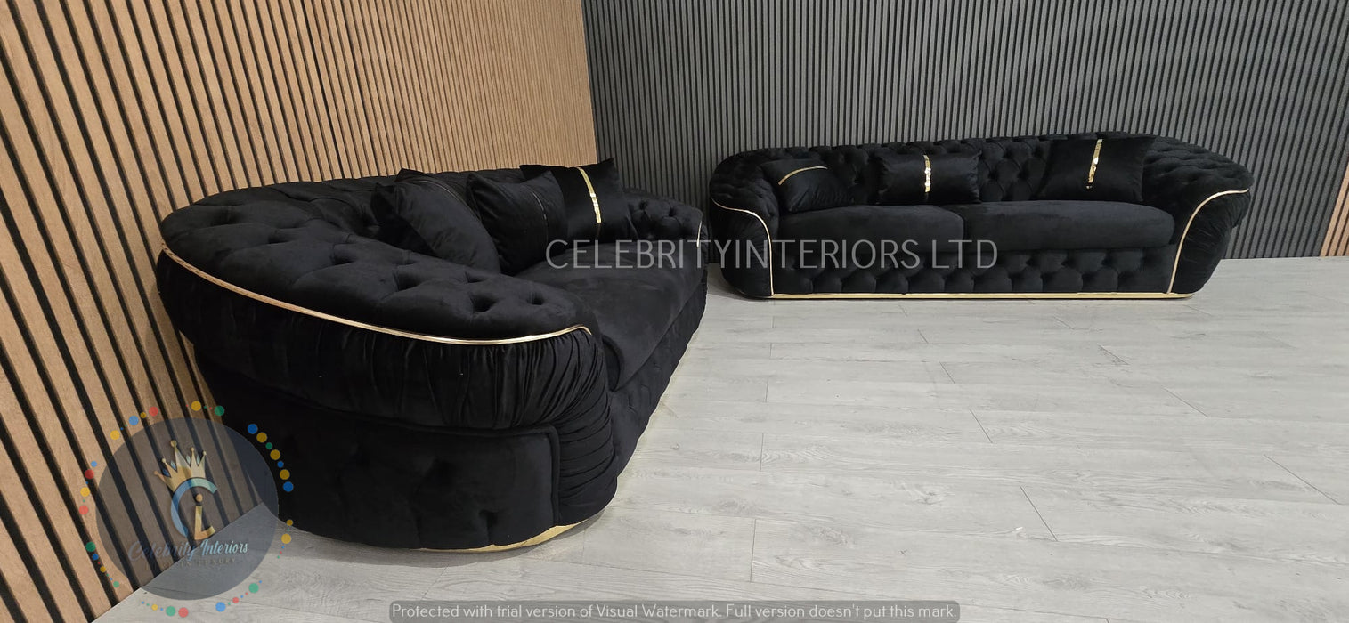 Ambassador 3+2+1 Seater In Black & Gold Plush Velvet