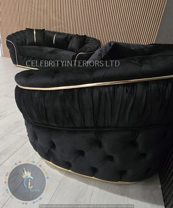 Ambassador 3+2+1 Seater In Black & Gold Plush Velvet