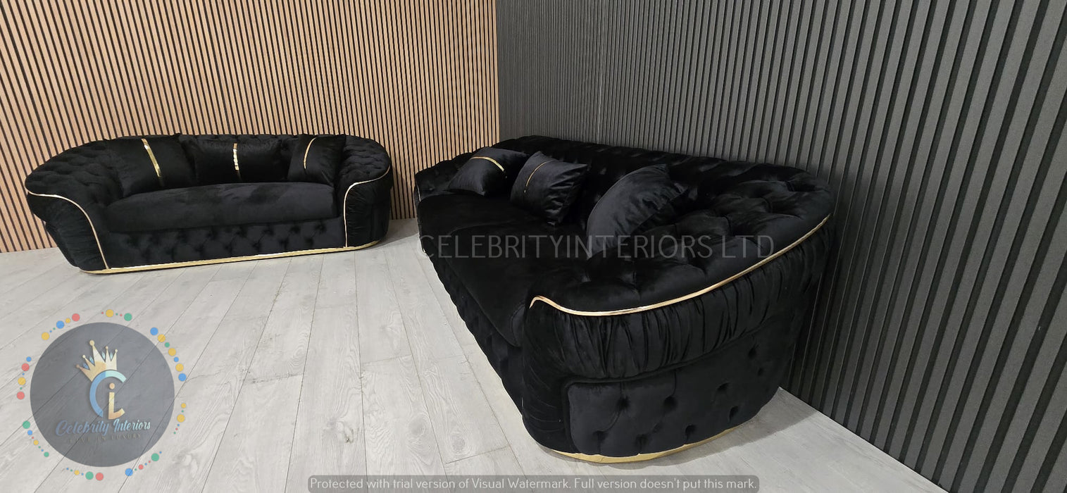 Ambassador 3+2+1 Seater In Black & Gold Plush Velvet