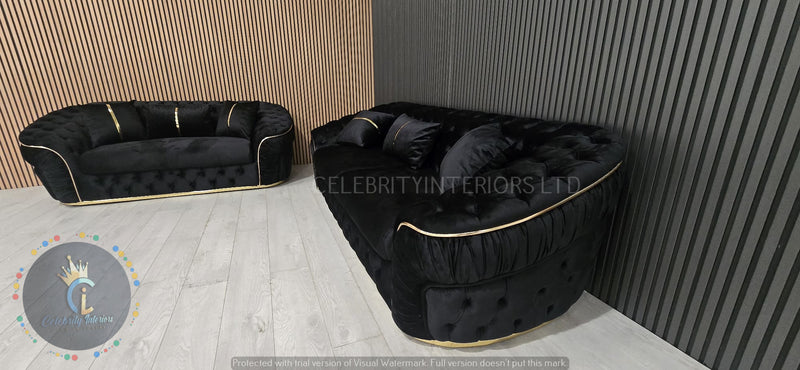 Ambassador 3+2+1 Seater In Black & Gold Plush Velvet