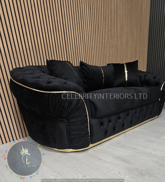 Ambassador 3+2+1 Seater In Black & Gold Plush Velvet