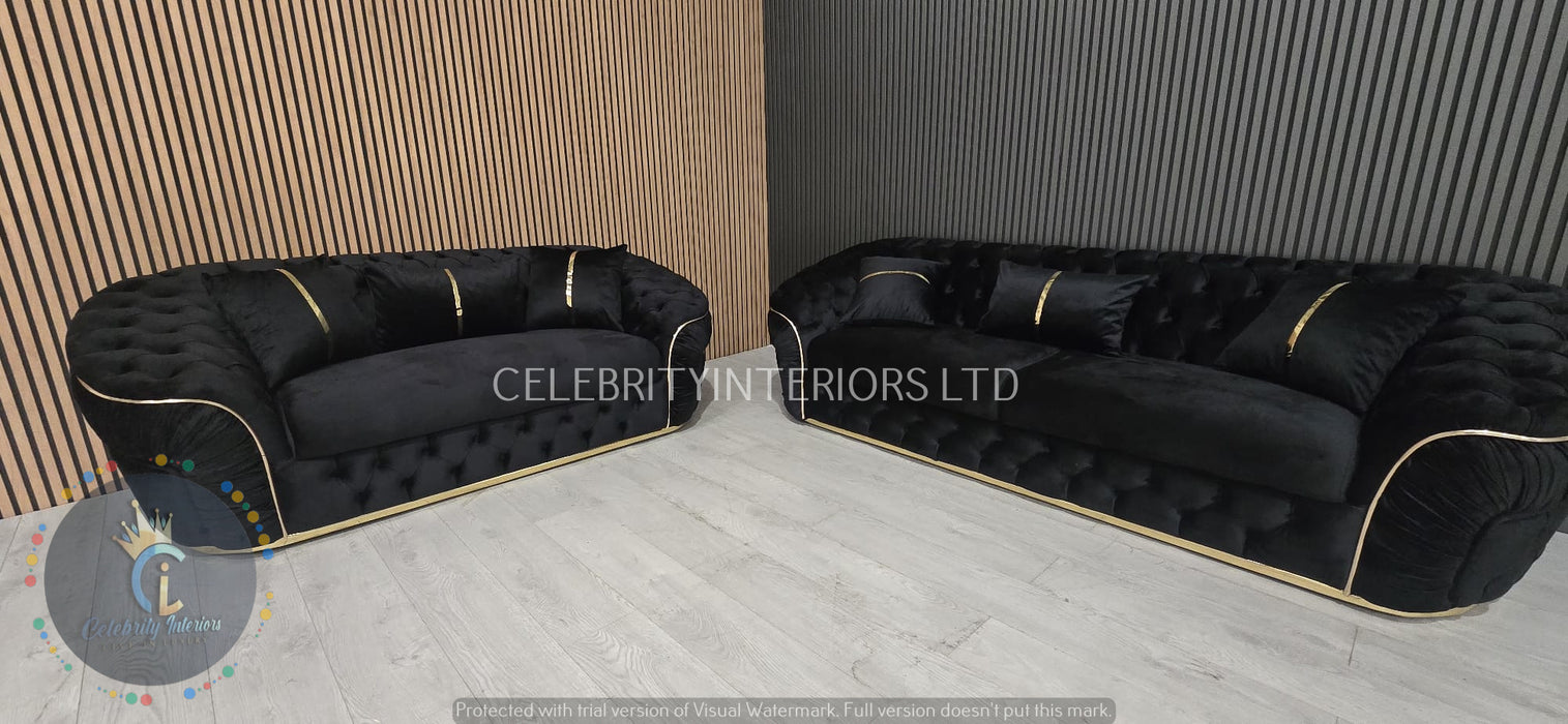 Ambassador 3+2+1 Seater In Black & Gold Plush Velvet