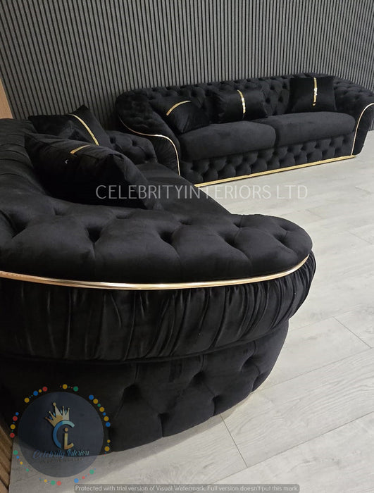 Ambassador 3+2+1 Seater In Black & Gold Plush Velvet