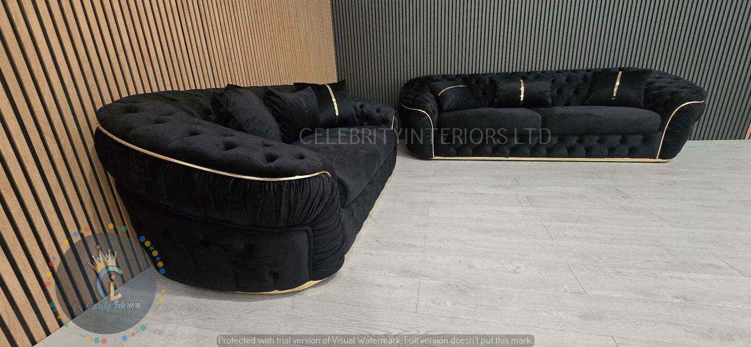 Ambassador 3+2+1 Seater In Black & Gold Plush Velvet