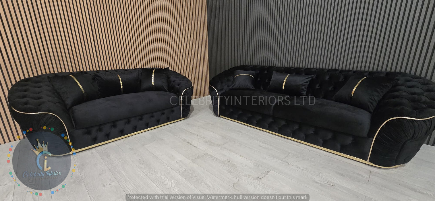 Ambassador 3+2+1 Seater In Black & Gold Plush Velvet