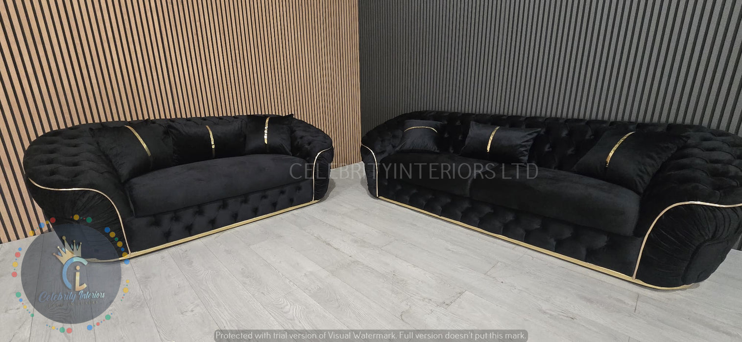 Ambassador 3+2+1 Seater In Black & Gold Plush Velvet