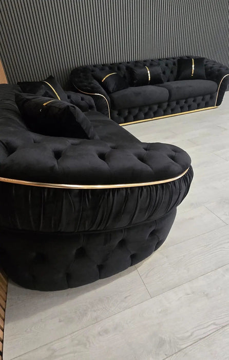 Ambassador 3+2 Seater Sofa – Black Velvet with Gold Detailing | Luxury Modern Sofa Set