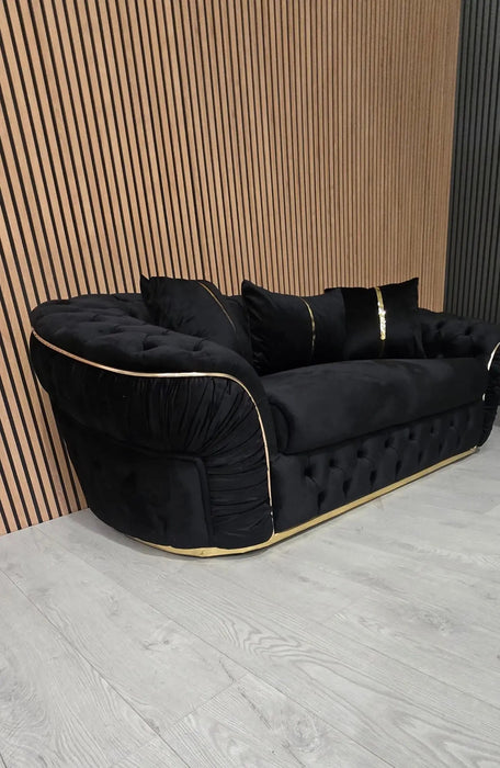 Ambassador 3+2 Seater Sofa – Black Velvet with Gold Detailing | Luxury Modern Sofa Set