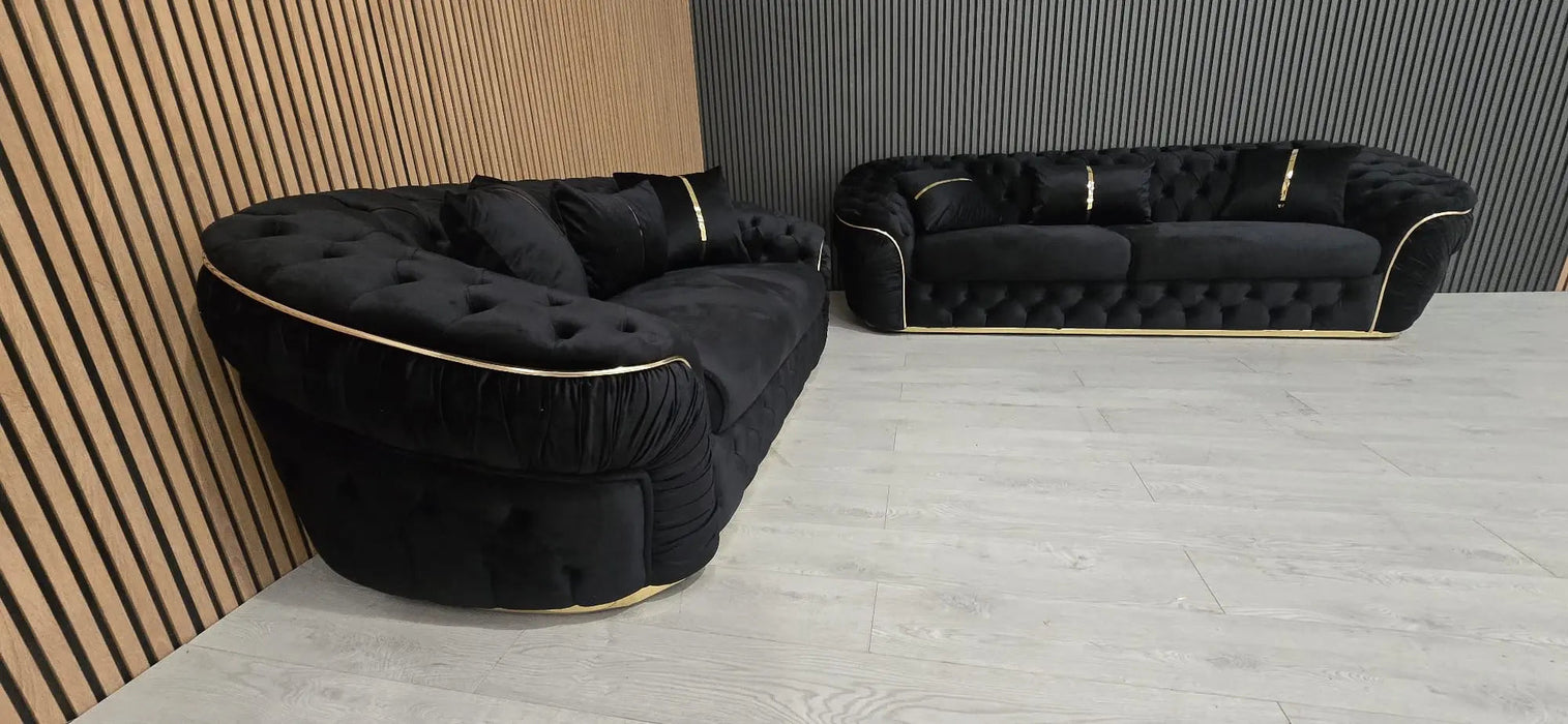 Ambassador 3+2 Seater Sofa – Black Velvet with Gold Detailing | Luxury Modern Sofa Set