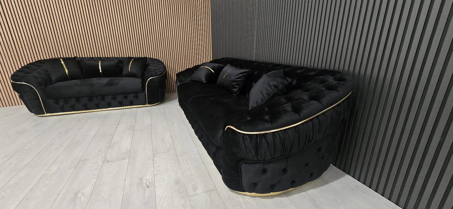 Ambassador 3+2 Seater Sofa – Black Velvet with Gold Detailing | Luxury Modern Sofa Set