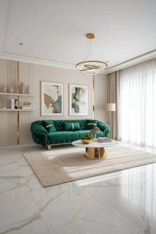 Ambassador 3-Seater Sofa – Emerald Green Velvet with Gold Legs & Detailing | Modern Luxury Sofa
