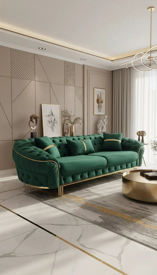Ambassador 3-Seater Sofa – Emerald Green Velvet with Gold Legs & Detailing | Modern Luxury Sofa