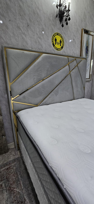 Helix Bedframe King Size Silver Velvet Gold Detailing - Headboard & Base