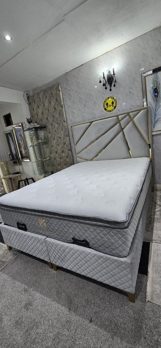 Helix Bedframe King Size Silver Velvet Gold Detailing - Headboard & Base