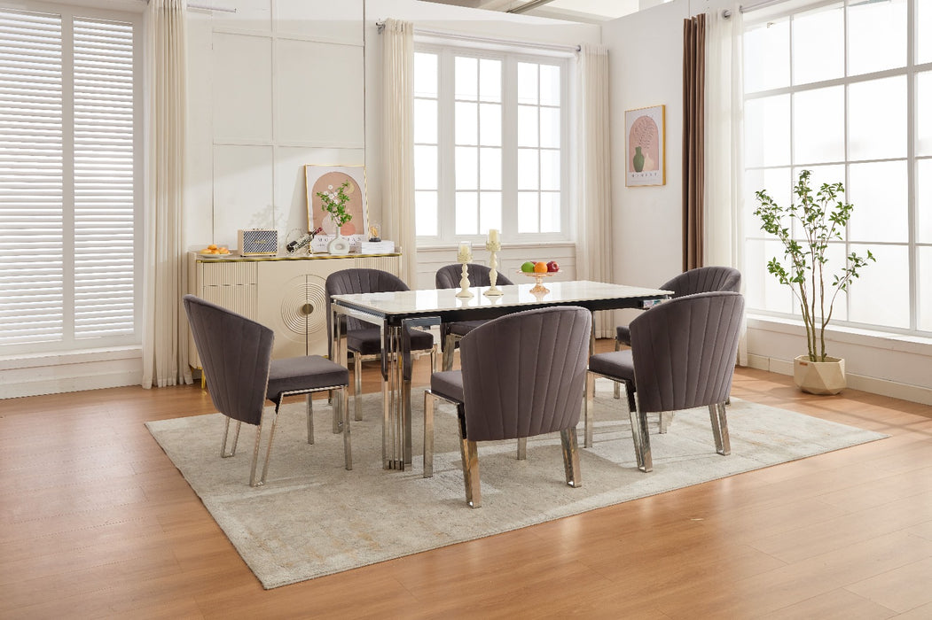 Santorini Sintered Stone Dining Table + Fabio Grey Shimmer Fabric Dining Chairs