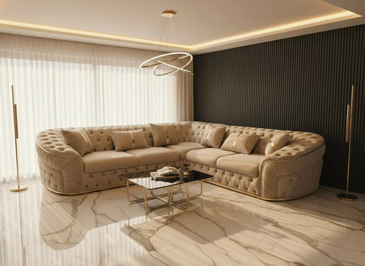 Ambassador Corner Sofa – Champagne Velvet with Gold Detailing | Luxury L-Shaped Sofa