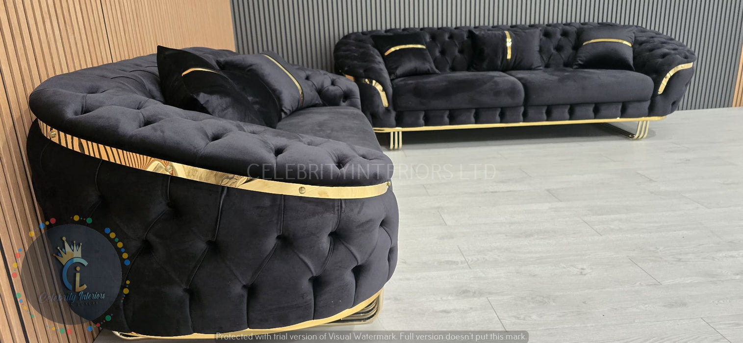 Kingston special 3+2 Sofa black velvet and gold