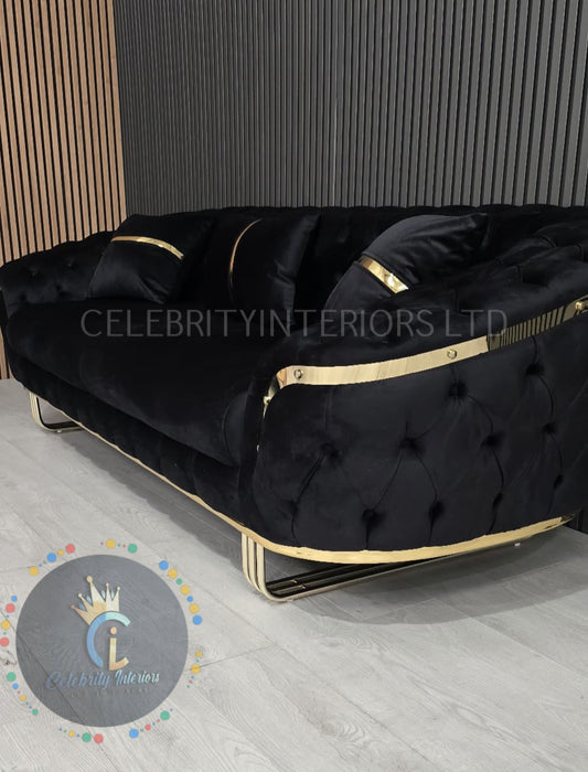 Kingston special 3+2 Sofa black velvet and gold