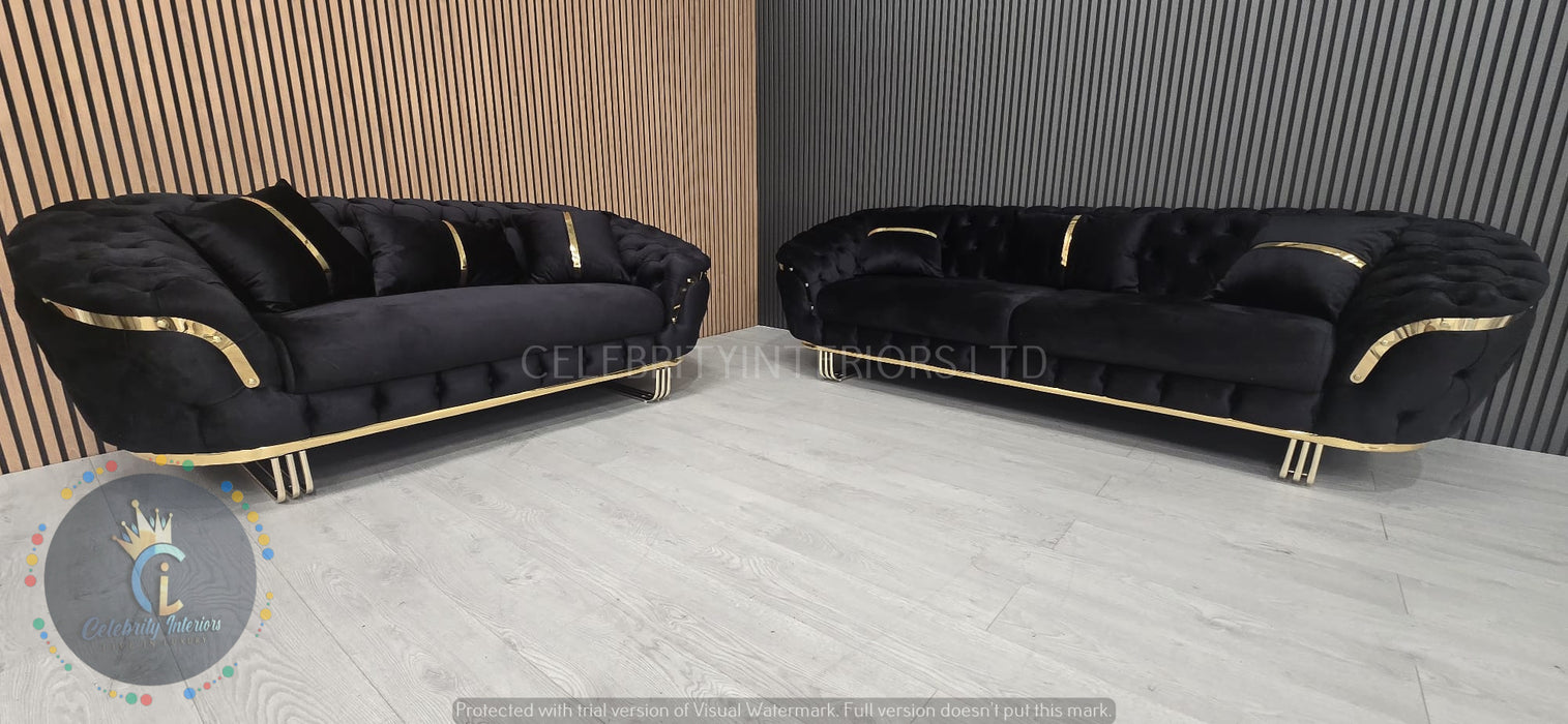 Kingston special 3+2 Sofa black velvet and gold