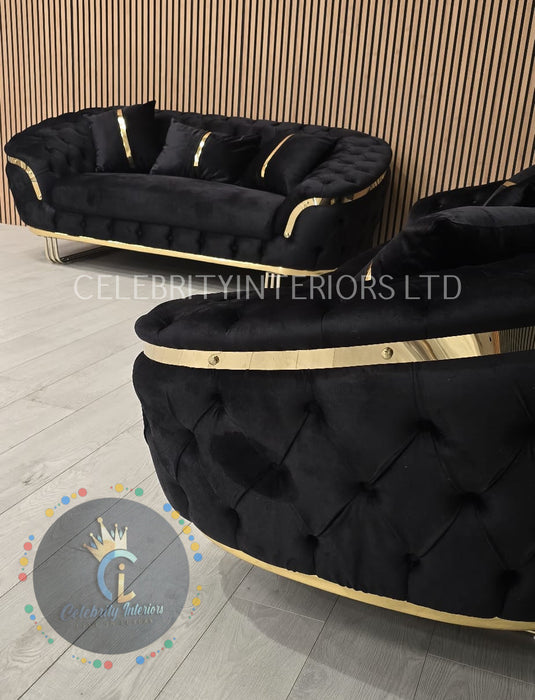 Kingston special 3+2 Sofa black velvet and gold