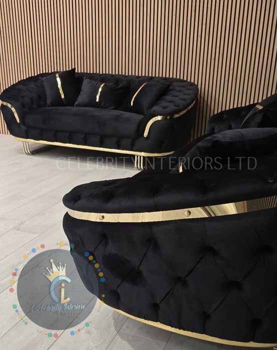 Kingston special 3+2 Sofa black velvet and gold