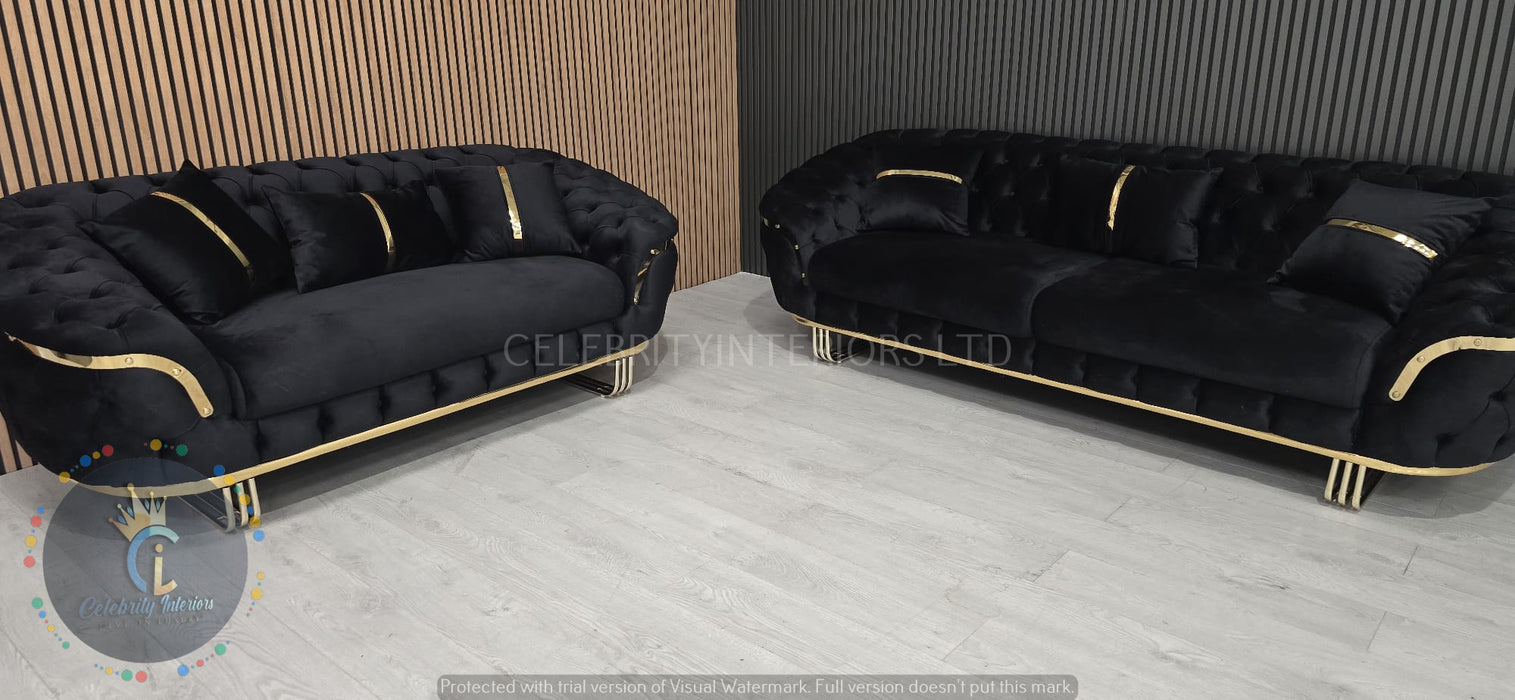 Kingston special 3+2 Sofa black velvet and gold