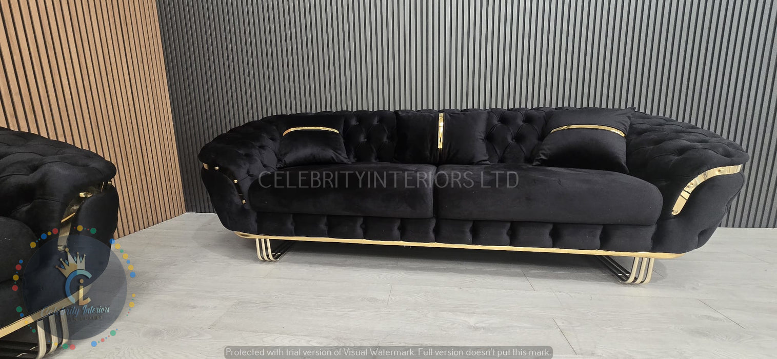 Kingston special 3+2 Sofa black velvet and gold