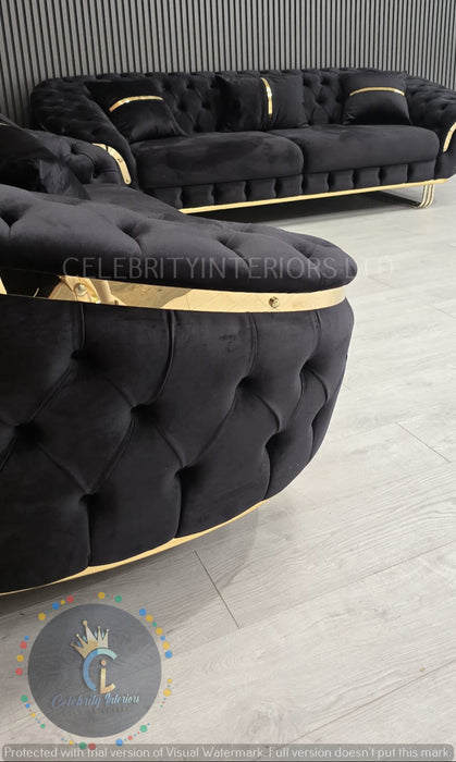 Kingston special 3+2 Sofa black velvet and gold