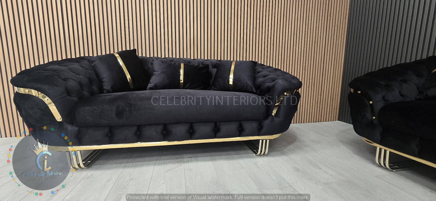 Kingston special 3+2 Sofa black velvet and gold