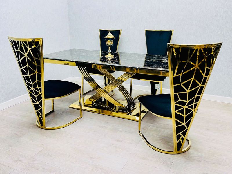 Elina Black & Gold Dining Table + Vienna Black & Gold Dining Chairs