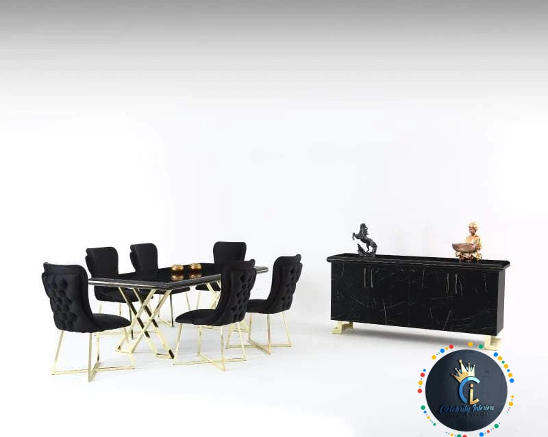 Luna Dining Table Set In Black With Chrome Legs + 6 Dining Chairs