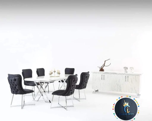 Luna Dining Table Set In Black With Chrome Legs + 4 Dining Chairs