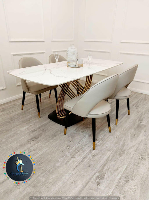 Orion Gold 1.8 Polar White Sintered Stone Top + Astra Leather Dining Chair