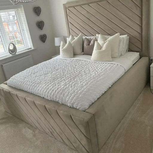 Duke Bed In Beige Plush Velvet beds bedroom divanbed ottomanbed slattedottoman storagebed chesterfieldbed plushvelvet crushedvelvet naples chenille bedstead bedframe cheapbeds highheadboard strongbeds modernbeds designerbeds bespokebeds bespoke upholstery furniture fyp trending studding beautiful love homeowner home luxury 