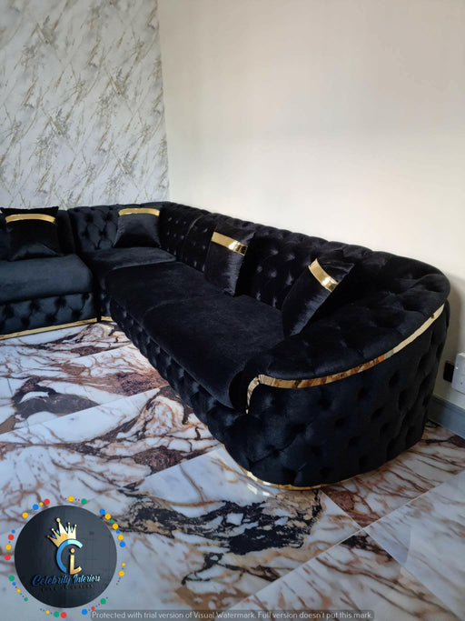 Chrometrimsofa goldtrimsofa velvetsofa dubaisofacollection plushvelvetsofas luxurysofa uniquesofas furniture sofas sofa cornersofa 3+2sofa homedecor design interiordesign livingroom home furnituredesigns love bespoke bespokesofas