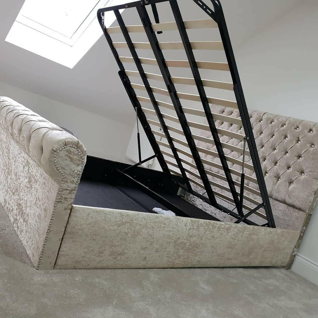 Velvet ottoman store sleigh bed